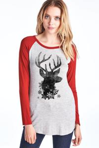 Long Sleeve Tee with Deer Head and Snowflake Print