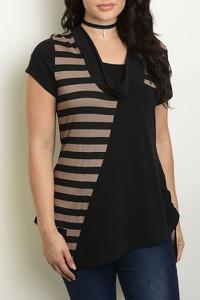Striped Cowl Neck Knit Pullover - Plus Sized