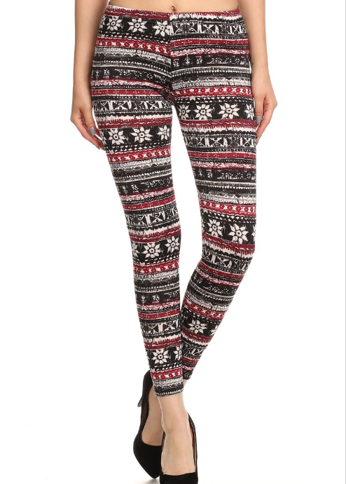 Red/White/Black Snowflake Fleece-Lined Leggings