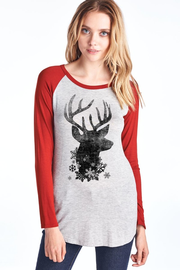 Long Sleeve Tee with Deer Head and Snowflake Print