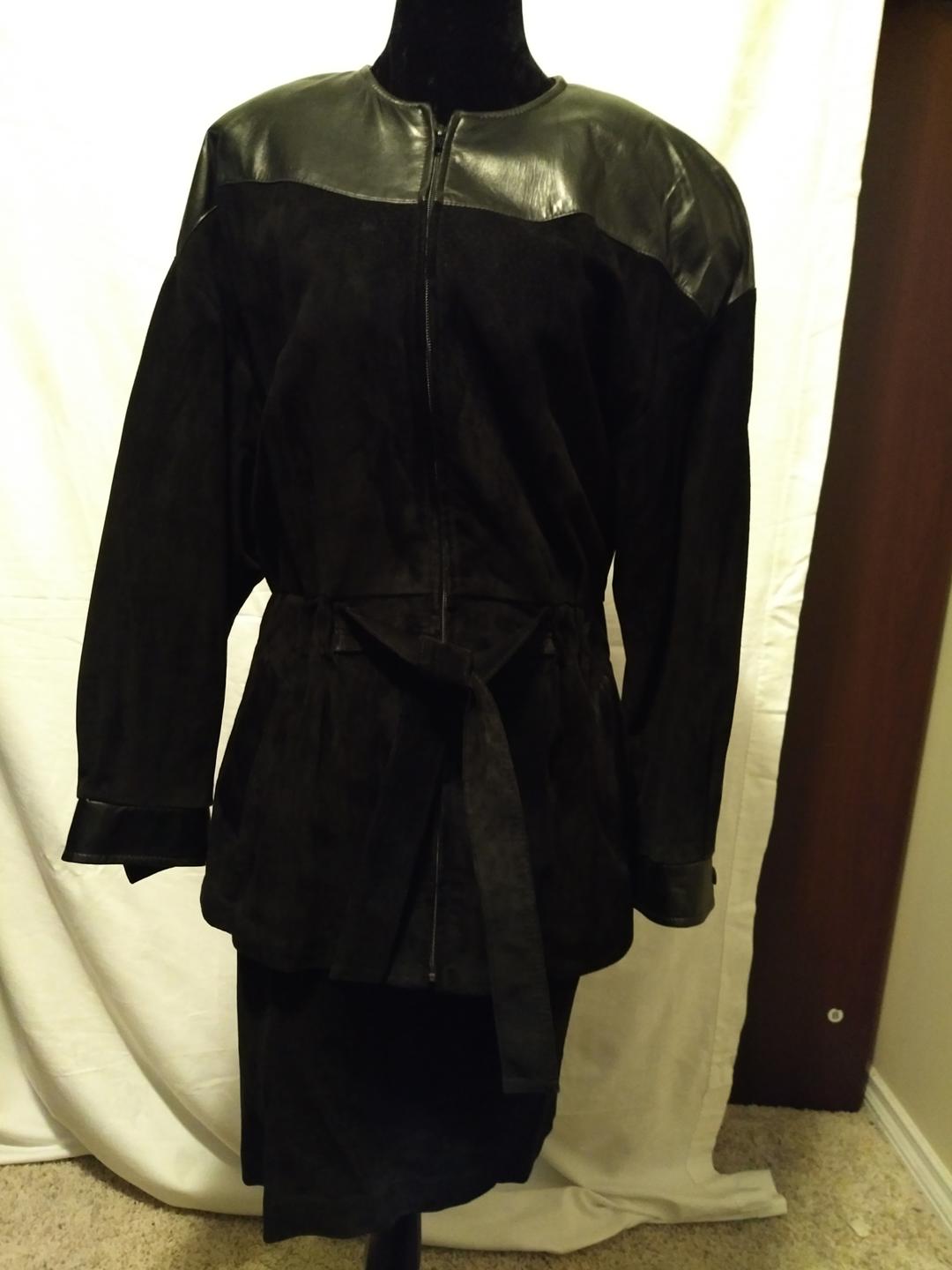 Danier Black Suede Jacket and Skirt Ensemble w/ Leather Trim