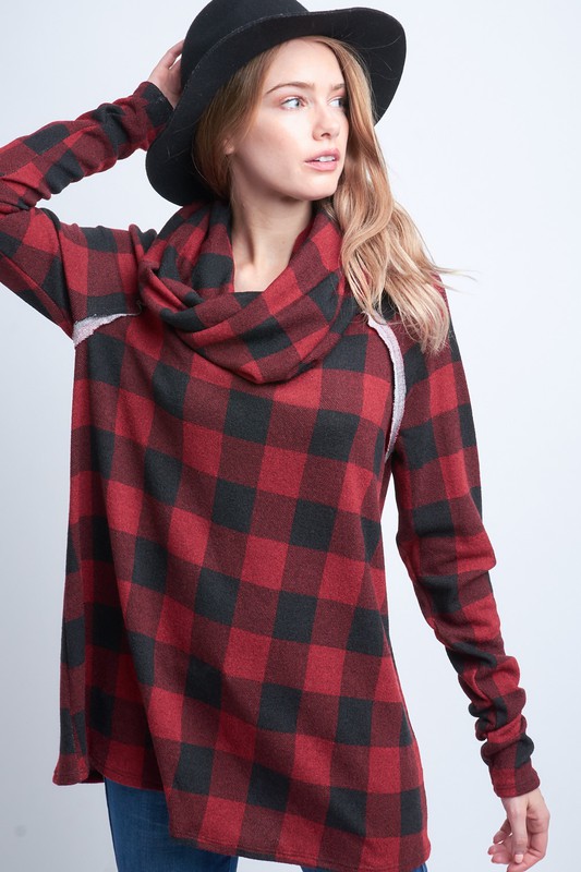Long Sleeved Cowl-Neck Plaid Top